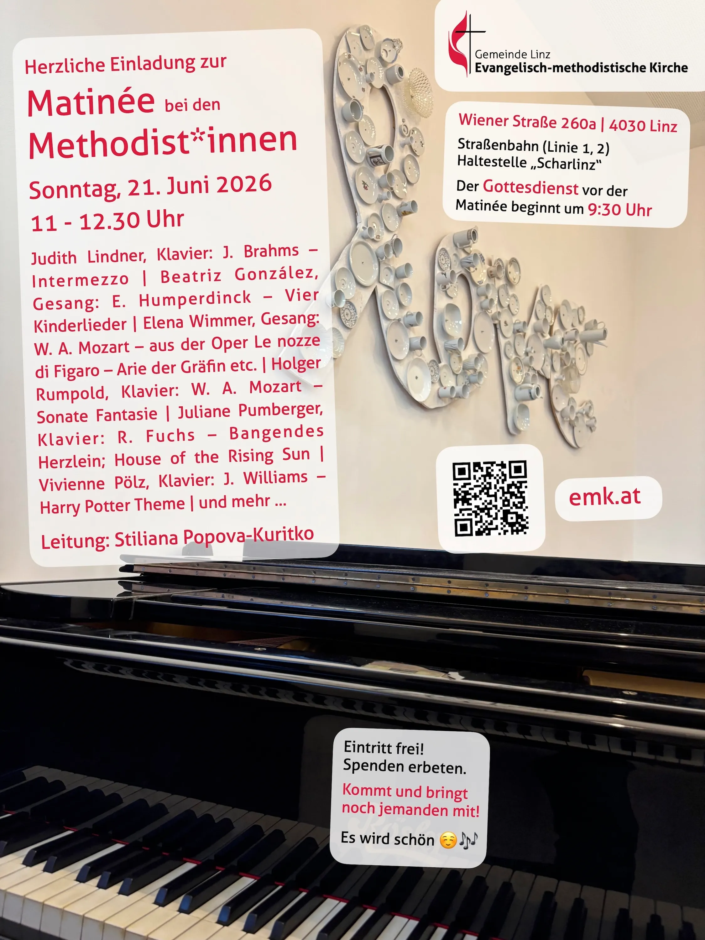 Einladung zu einer Matinee in der EmK Linz. Im Hintergrund, der Schriftzug "love", der im Kirchenraum hängt.